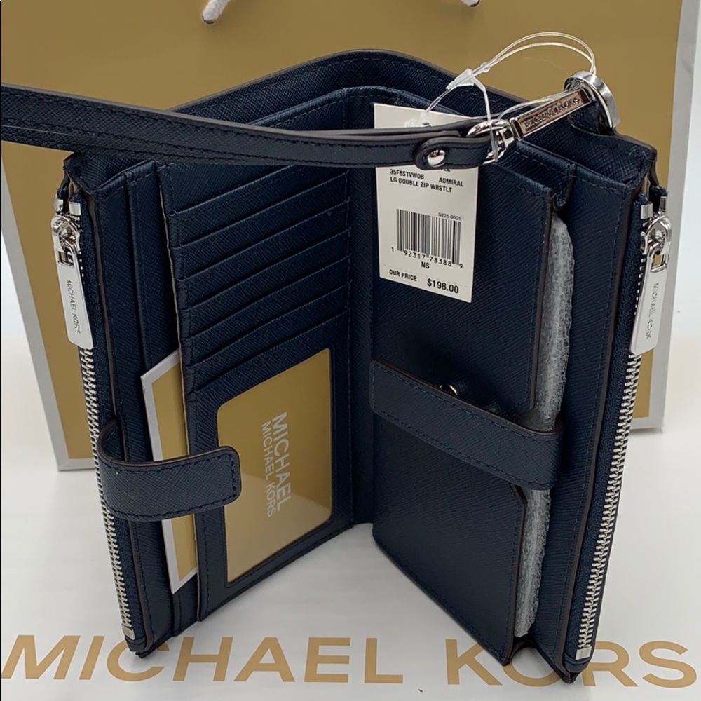 MICHAEL KORS JET SET TRAVEL LG DOUBLE ZIP WRISTLET PHONE HOLDER ADMIRAL NWT - Picture 14 of 16
